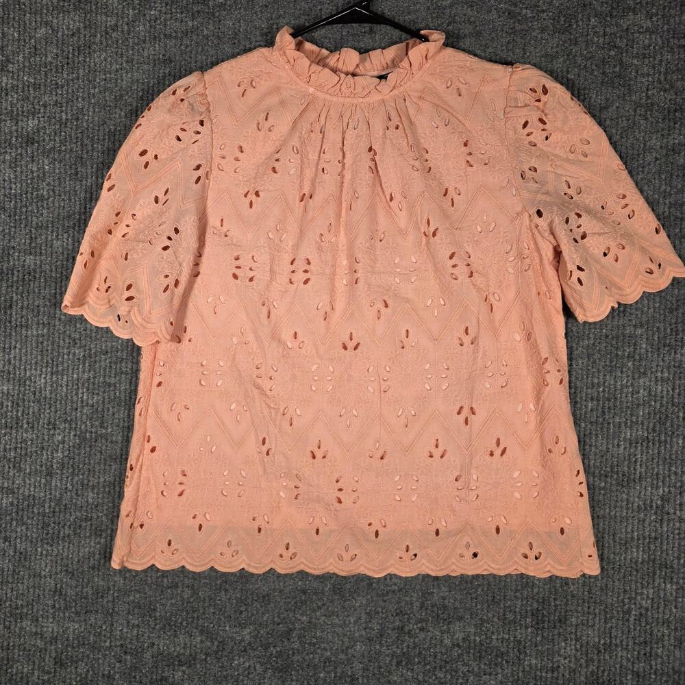 PrettyGarden Pink Eyelet Lace Blouse Womens L Mock Neck Scalloped Boho Top